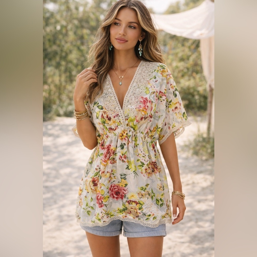 Johnny Was Silk Boho Floral Tunic Top S Crochet Lace V Neck Blouse